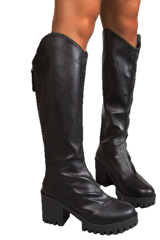 Thick High-heel Knee-high Boots V-neck Black Boots 
