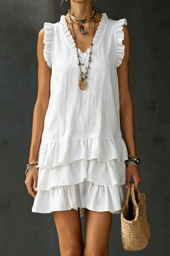 Women's Casual V-Neck Ruffle-Trim Sleeveless Dress 