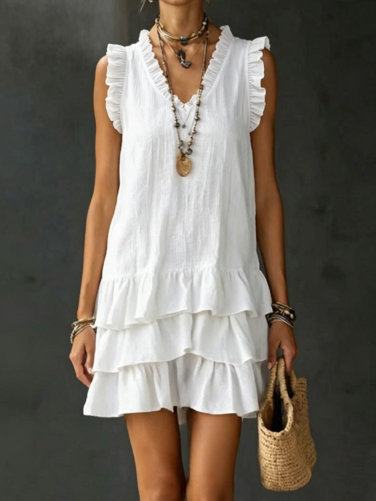 Women's Casual V-Neck Ruffle-Trim Sleeveless Dress 