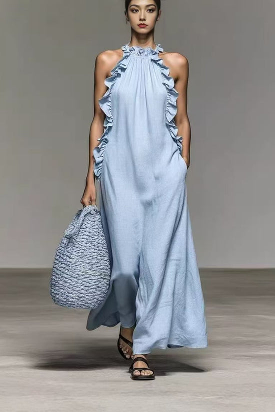 Summer Halter Neck Ruffled Sleeveless Dress, Loose Fit Flowy Dress With Pockets 