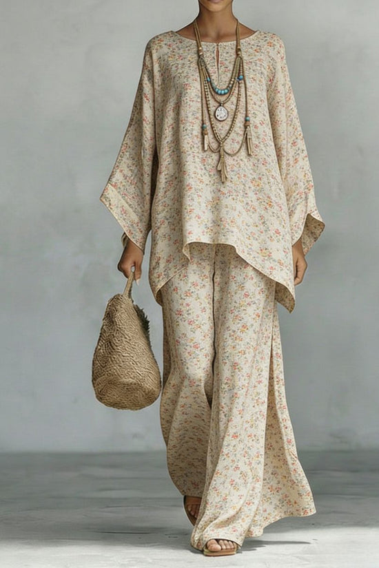 Women's Floral Print Linen Wide-Leg Two-Piece Set 