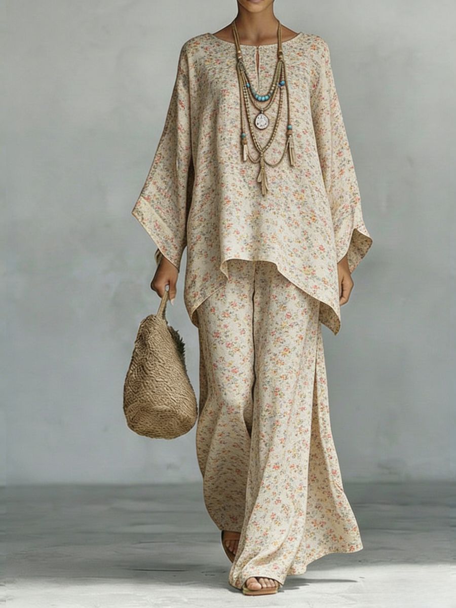 Women's Floral Print Linen Wide-Leg Two-Piece Set 