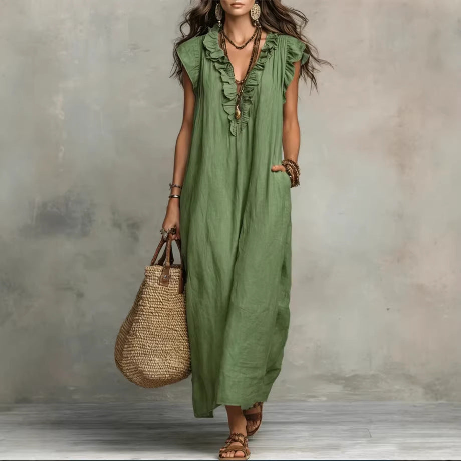 Women's Spring Summer Pocket Ruffle Elegant Dress 