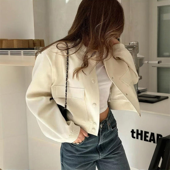 Women's Solid Color Long Sleeve Baseball Jacket With Button Front & Pockets - Casual Short Jacket For Spring&Fall Diversi Fashion™