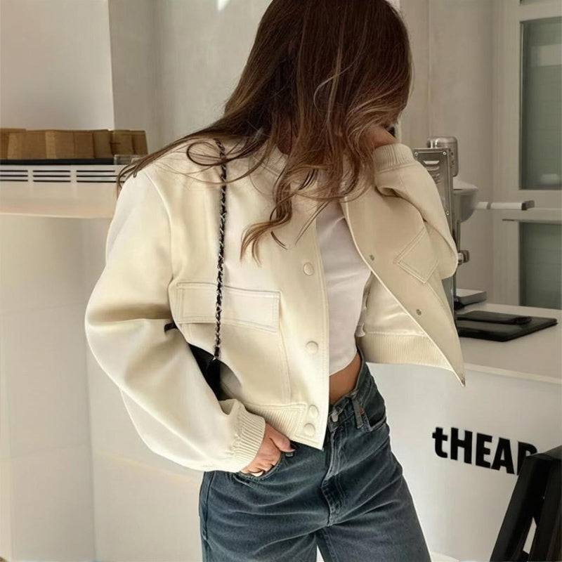 Women's Solid Color Long Sleeve Baseball Jacket With Button Front & Pockets - Casual Short Jacket For Spring&Fall Diversi Fashion™