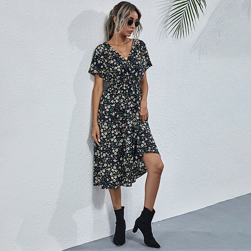 Women's V-Neck Floral Print Dress - A-Line Waisted Summer Maxi Dress CJ US