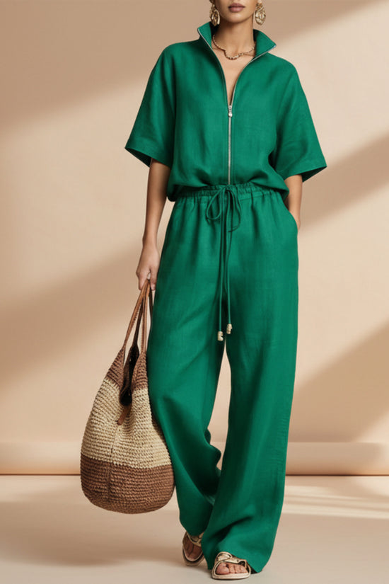 Womens Casual Loose Solid-Color Zip-Up Crew-Neck Wide-Leg Pants Set 