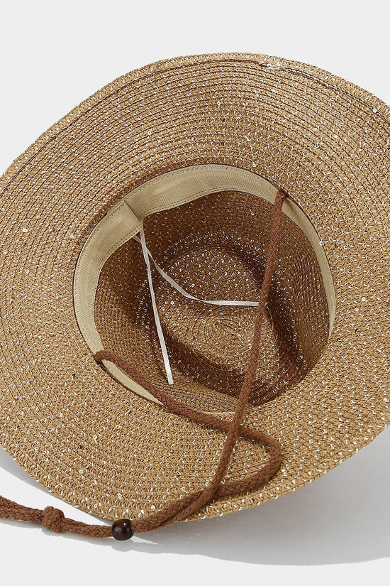 New Womens Panama Straw Weaved Sequin Windproof Sun Hat 