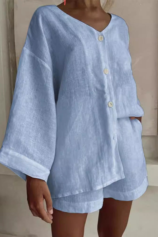 Fashionable Cotton-Linen Shirt And Shorts Casual Set 