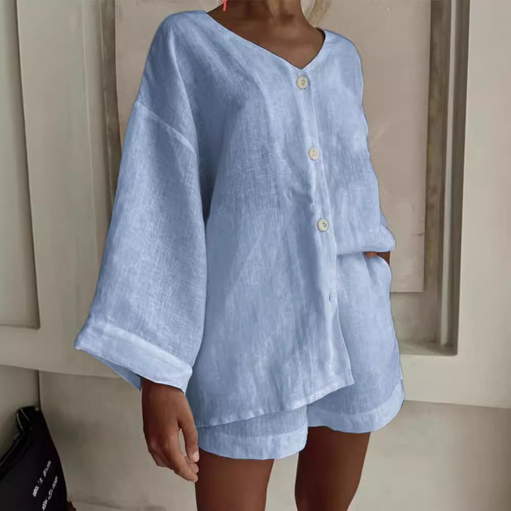 Fashionable Cotton-Linen Shirt And Shorts Casual Set 