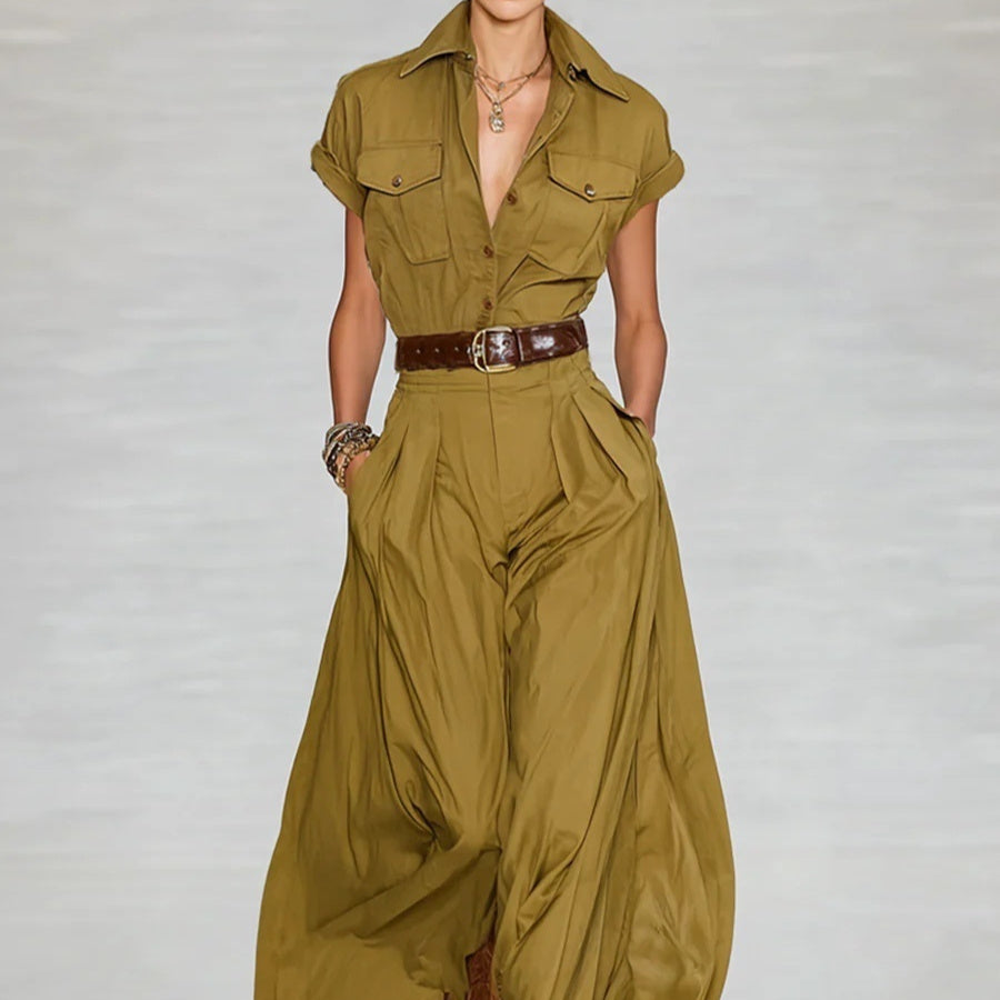 Short-sleeve Shirt-style Long Dress With Pockets 