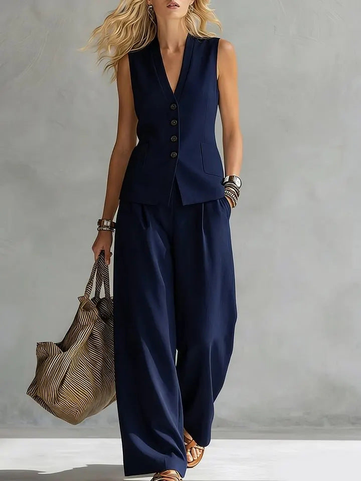 Womens Solid-Colored Sleeveless Casual Linen Tank Top And Pants Set 