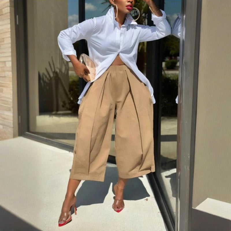 Women's Solid Color Cotton Wide Leg Cropped Pants With Pleats & Pockets - Spring Summer Fashion Comfortable Loose Trousers CJ US