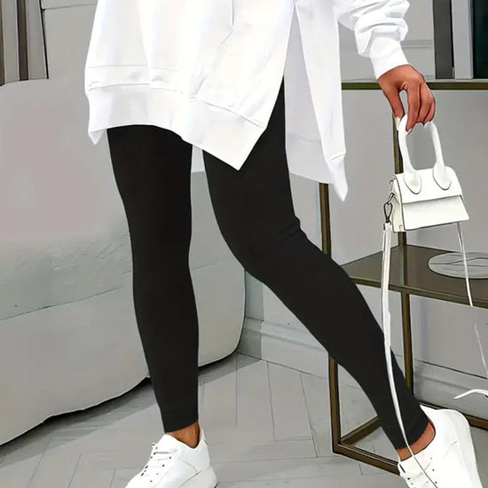 Women's Casual 2-Piece Set Solid Color Leggings & Letter Print Pocket Drawstring Hooded Sweatshirt With Split Hem Spring Fall Fashion Outfit CJ US