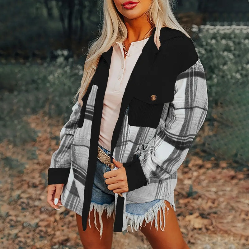 Women's Notch Lapel Check Print Long Sleeve Shirt - Button Front Pocket Detail Casual Blouse CJ US