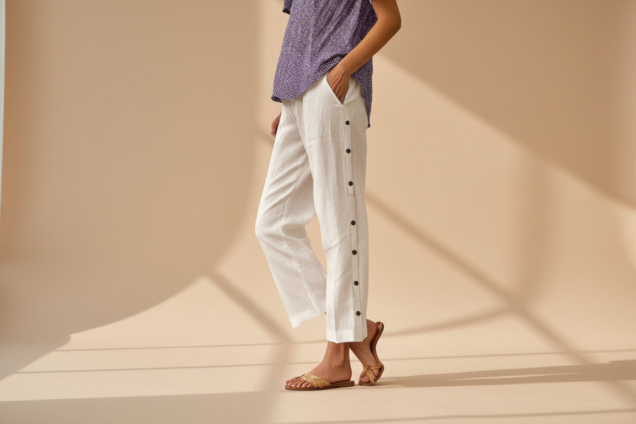 Cropped Pants With Decorative Buttons Along The Side Seams 