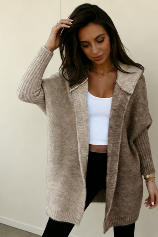 Women’s Color Block Hooded Knitted Cardigan – Plus Size Mid-Length Sweater Coat - FitiqueFit