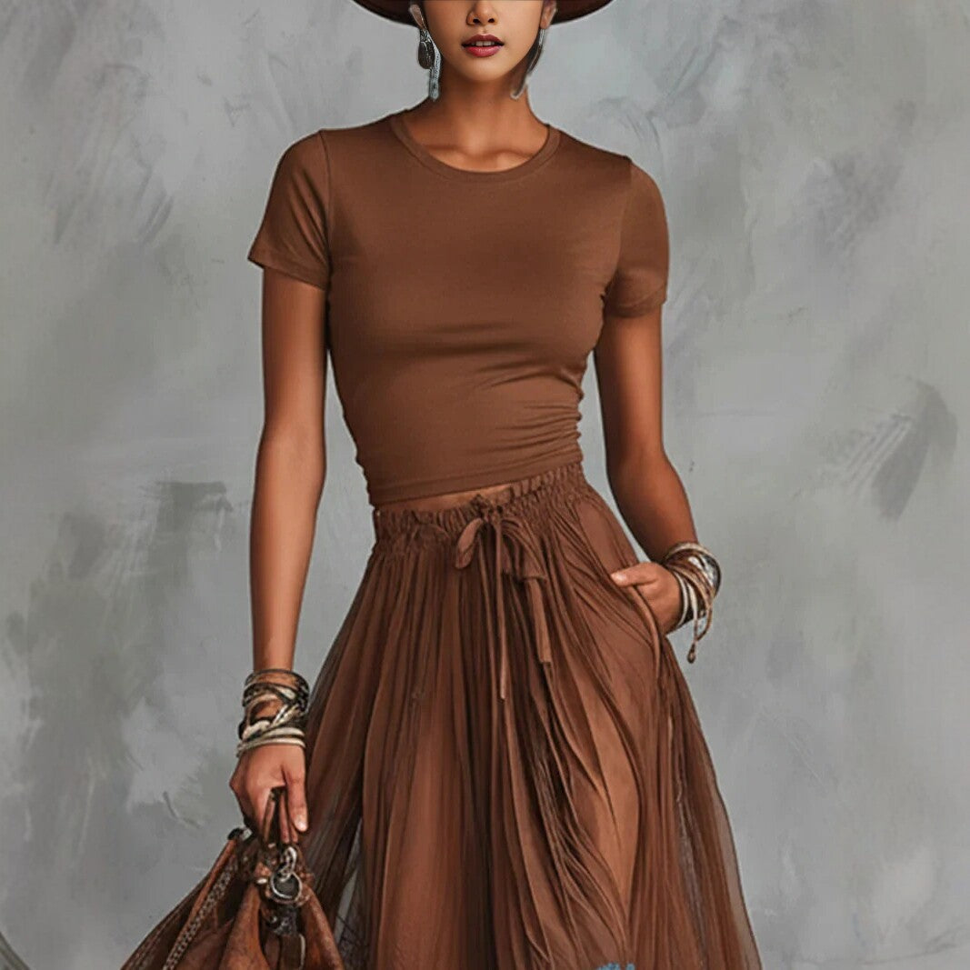 Short-sleeve Top And Lace-panel Midi Skirt Set 