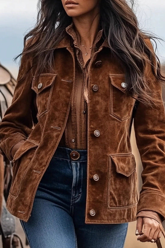 Women's Retro Suede Multi-Pocket Lapel Shirt Brown Short Jacket 