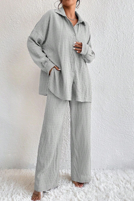 Summer New European And American Style Pleated Long-Sleeve Lapel Loose Two-Piece Set 