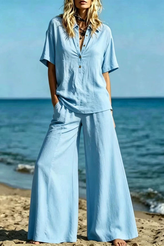Button-down Shirt And Wide-leg Pants Two-piece Set For Women 
