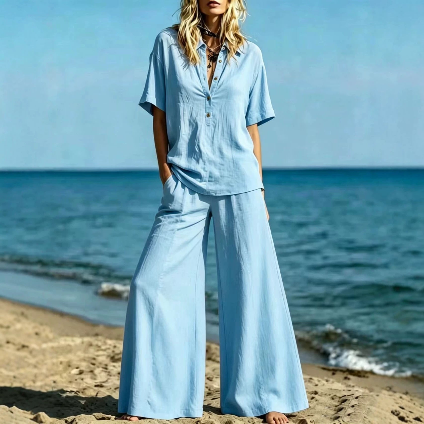 Button-down Shirt And Wide-leg Pants Two-piece Set For Women 