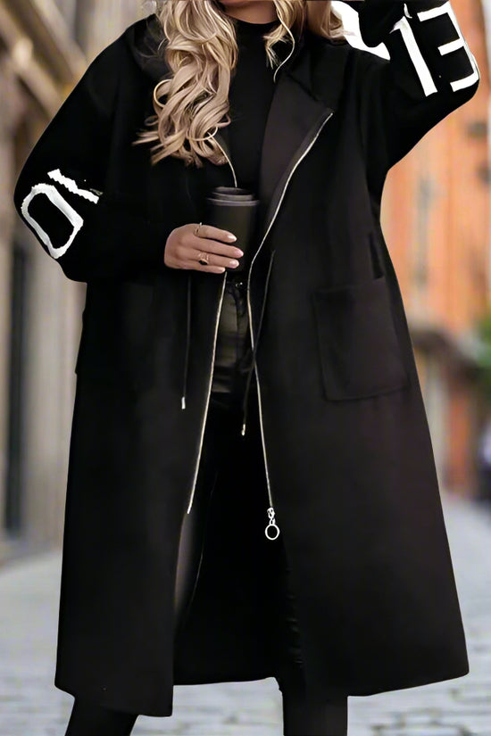 Women's Long Sleeve Letter Print Hooded Coat With Pockets - Zip Front Long Windbreaker For Spring&Fall CJ US