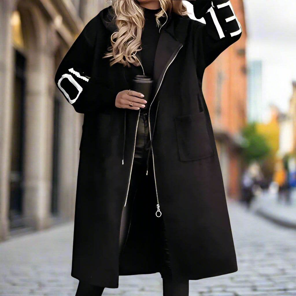 Women's Long Sleeve Letter Print Hooded Coat With Pockets - Zip Front Long Windbreaker For Spring&Fall CJ US