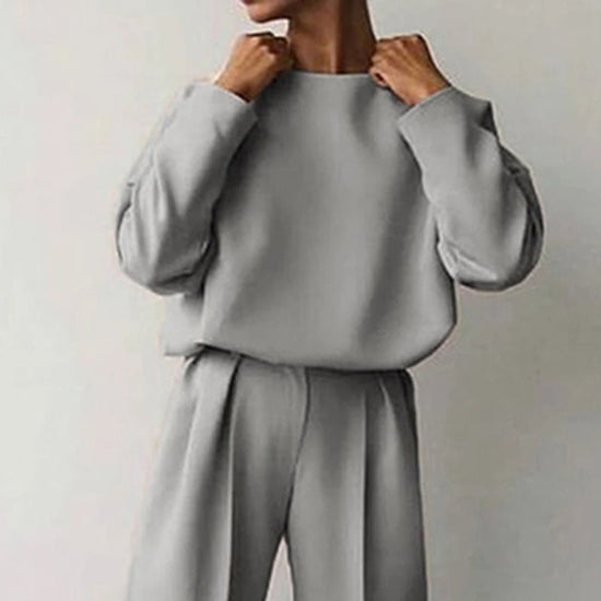 Women's Solid Color 2-Piece Set Round Neck Long Sleeve Top & Pleated Pants Loungewear For Spring & Fall CJ US