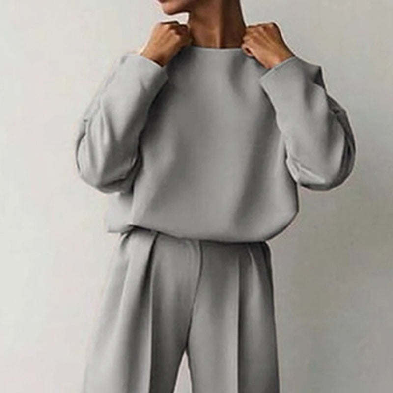 Women's Solid Color 2-Piece Set Round Neck Long Sleeve Top & Pleated Pants Loungewear For Spring & Fall CJ US