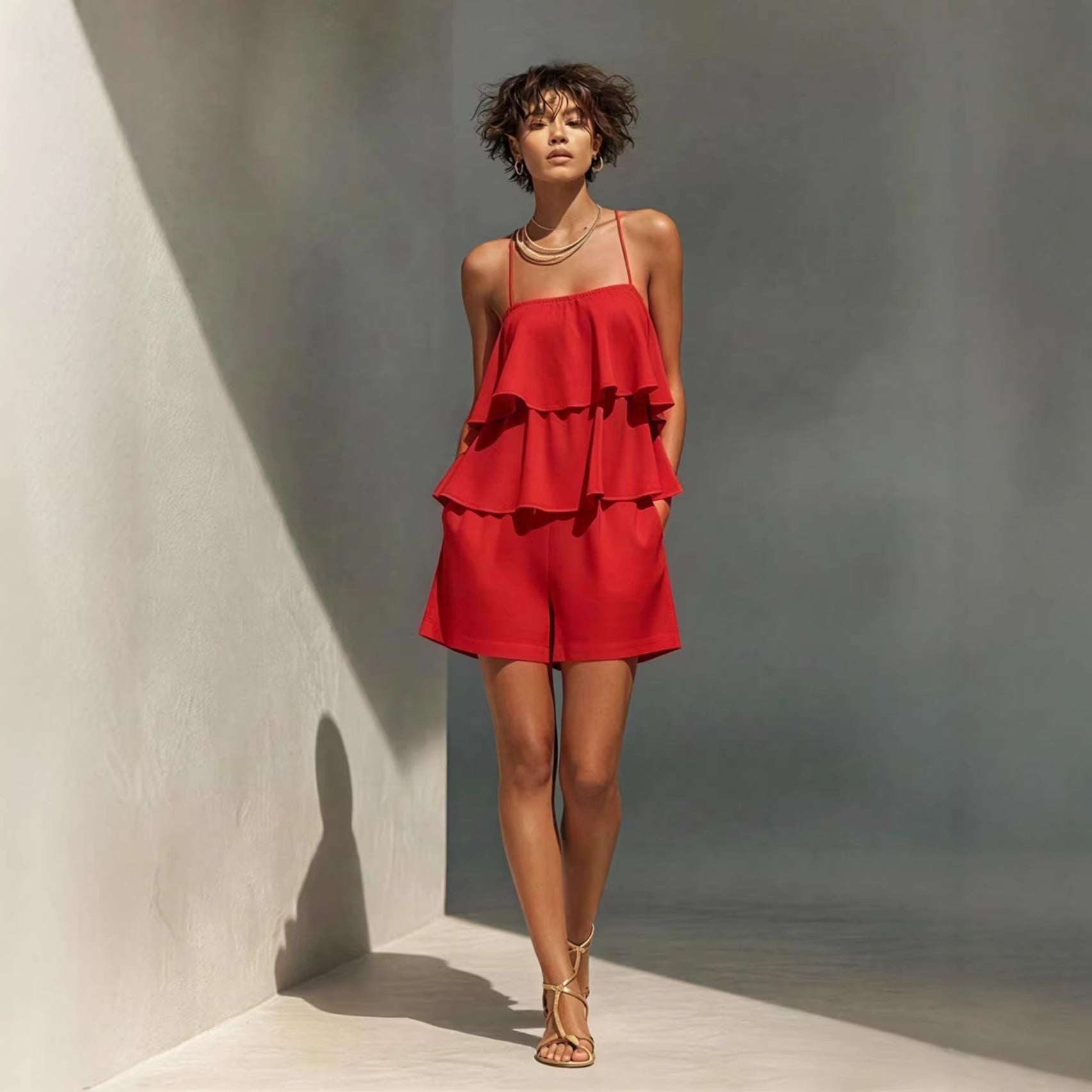 Multi-layer Ruffle Loose Camisole And Shorts Set 