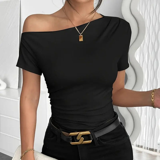 Women's Y2K Ruched One-Shoulder Top - Short Sleeve Slim Fit Summer Shirt 