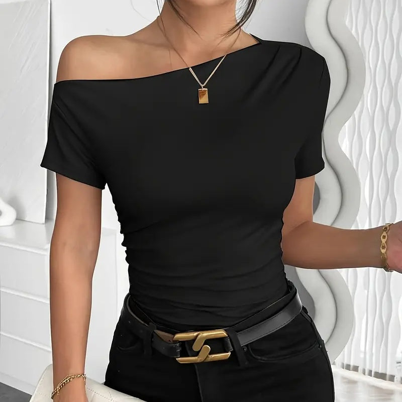 Women's Y2K Ruched One-Shoulder Top - Short Sleeve Slim Fit Summer Shirt 