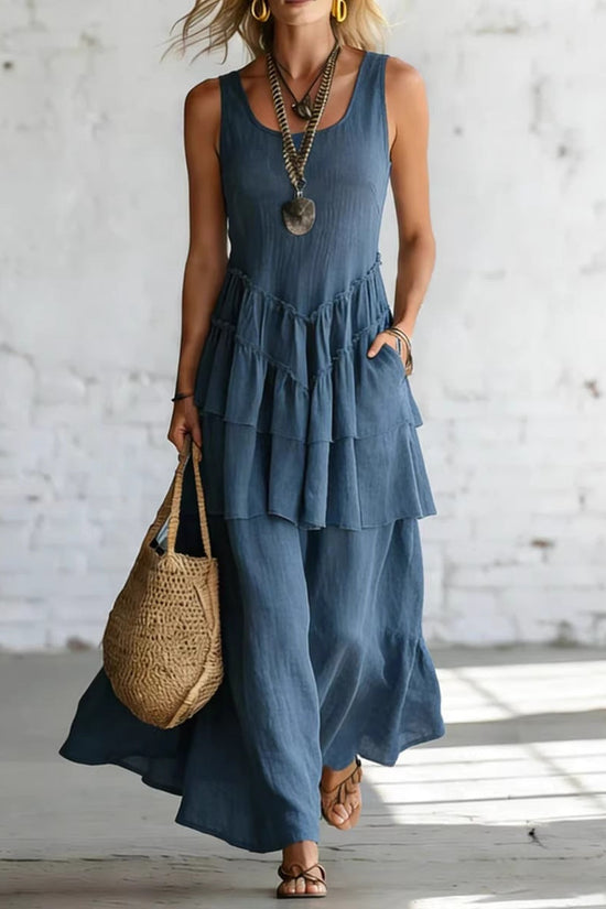 Cotton-linen Loose-fit Maxi Dress With A Sleeveless Design 