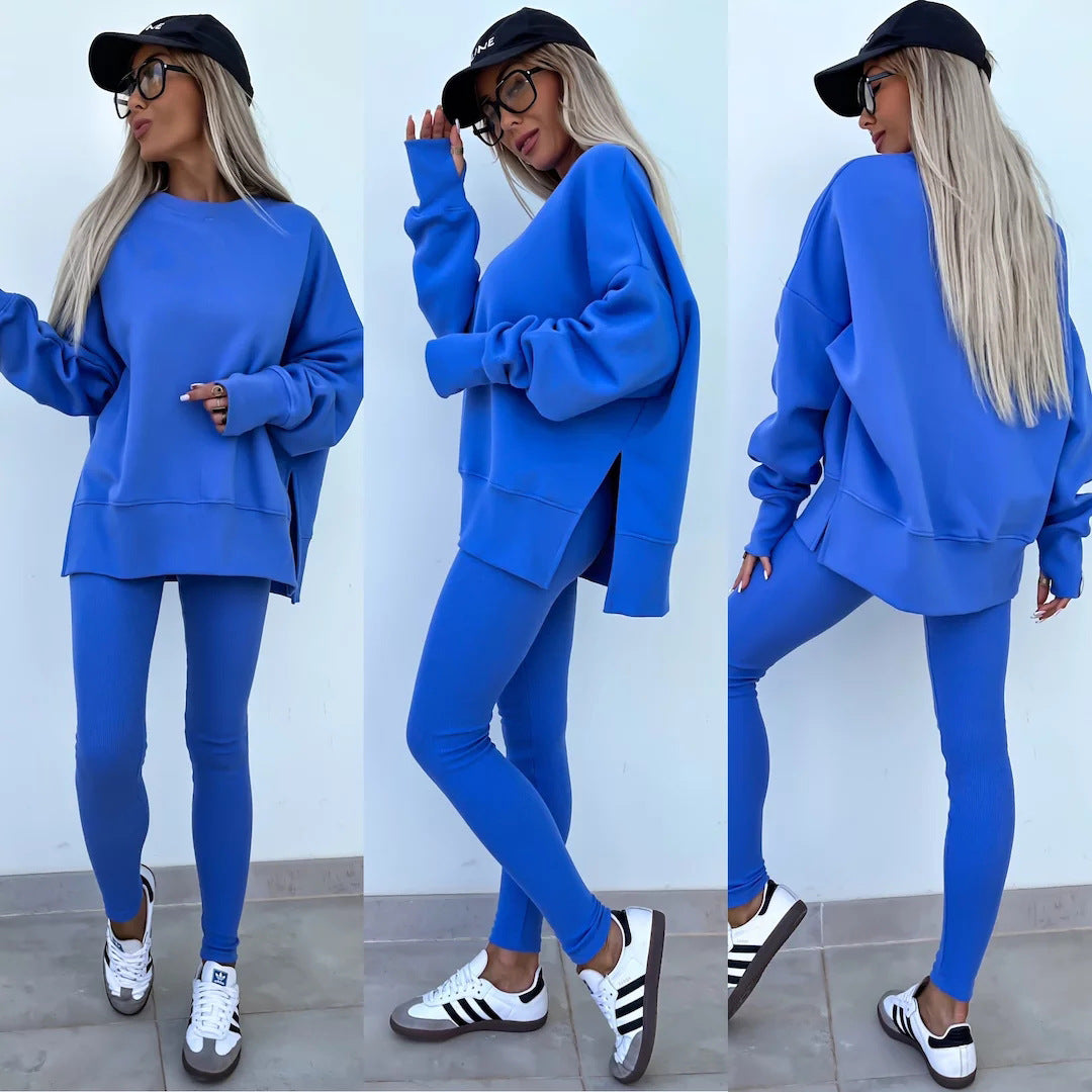 Sweater Suit Women's Casual Loose Long Sleeve Crew Neck Split Top Tight Trousers 