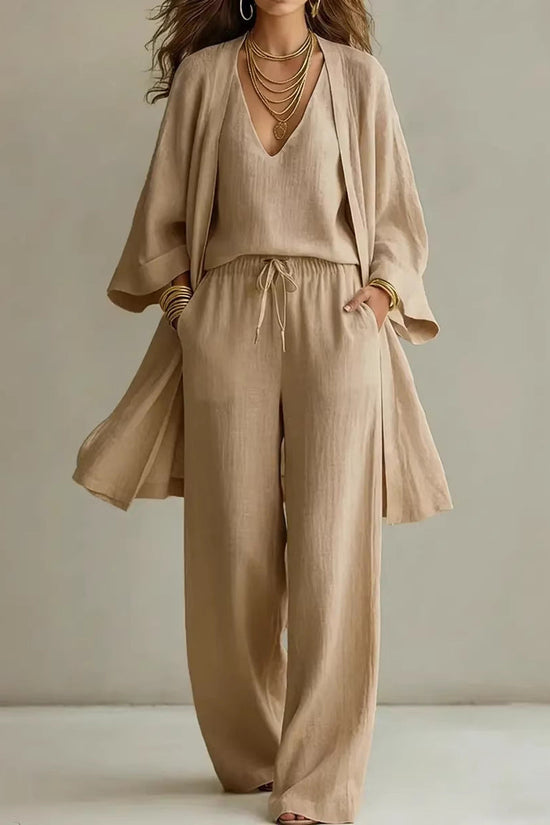 Womens Solid Color V-Neck Cardigan Vest With Pockets And Long Pants Three-Piece Set 