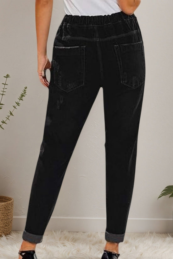 2025 New Women's Casual Set Wearing Distressed Stretch Jeans, Elastic Waisted Jeans, Denim Jogging Pants CJ US