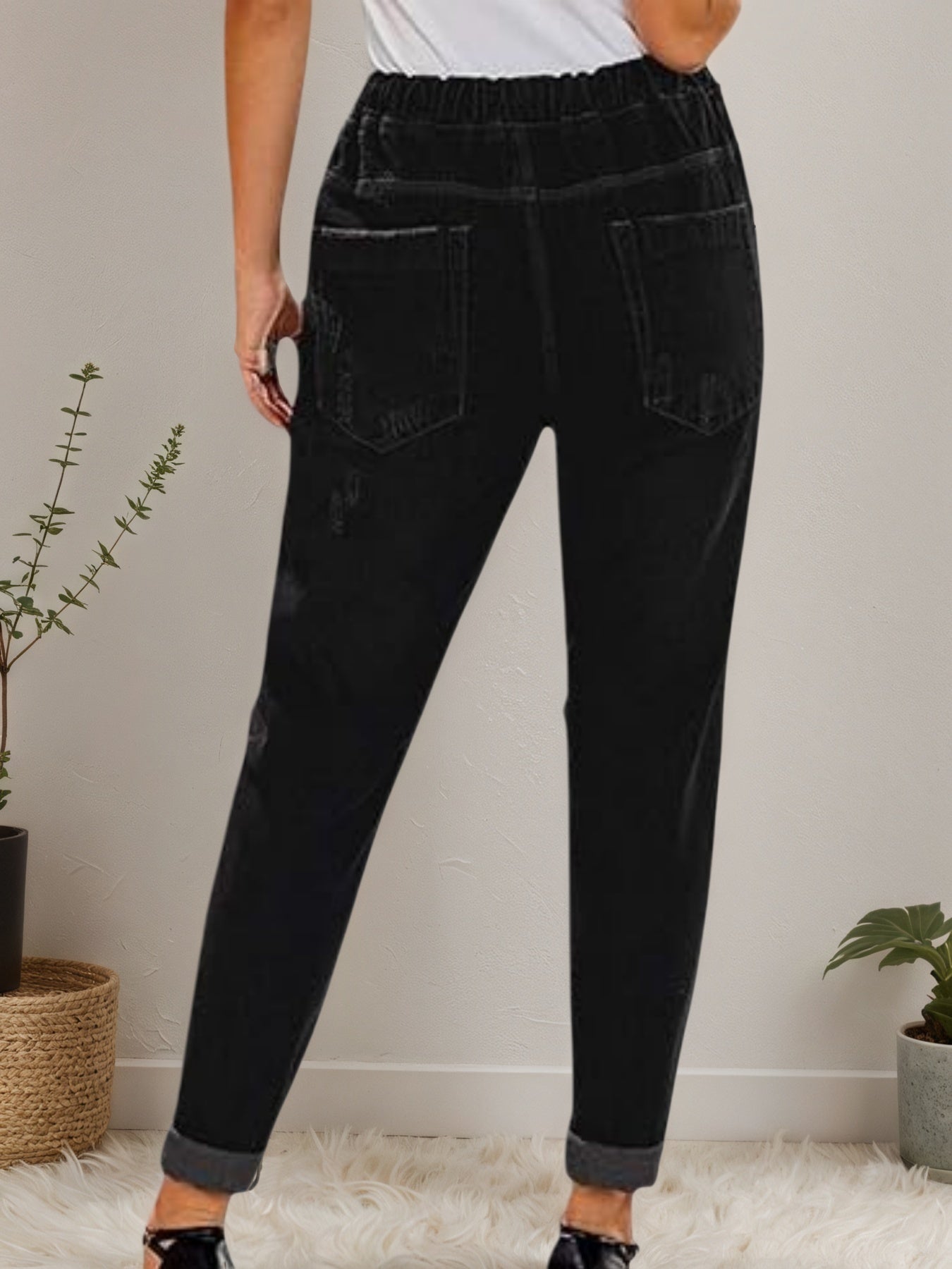 2025 New Women's Casual Set Wearing Distressed Stretch Jeans, Elastic Waisted Jeans, Denim Jogging Pants CJ US