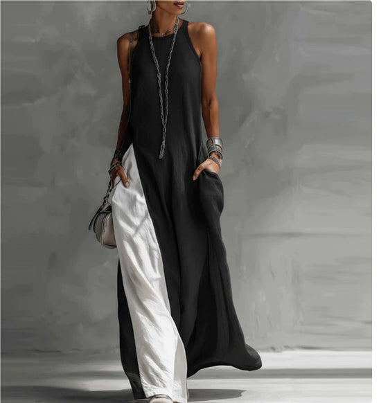Womens Sleeveless Loose-Fit Color-Block Casual Off-Shoulder Dress With Pockets 
