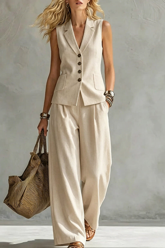 Womens Solid-Colored Sleeveless Casual Linen Tank Top And Pants Set 