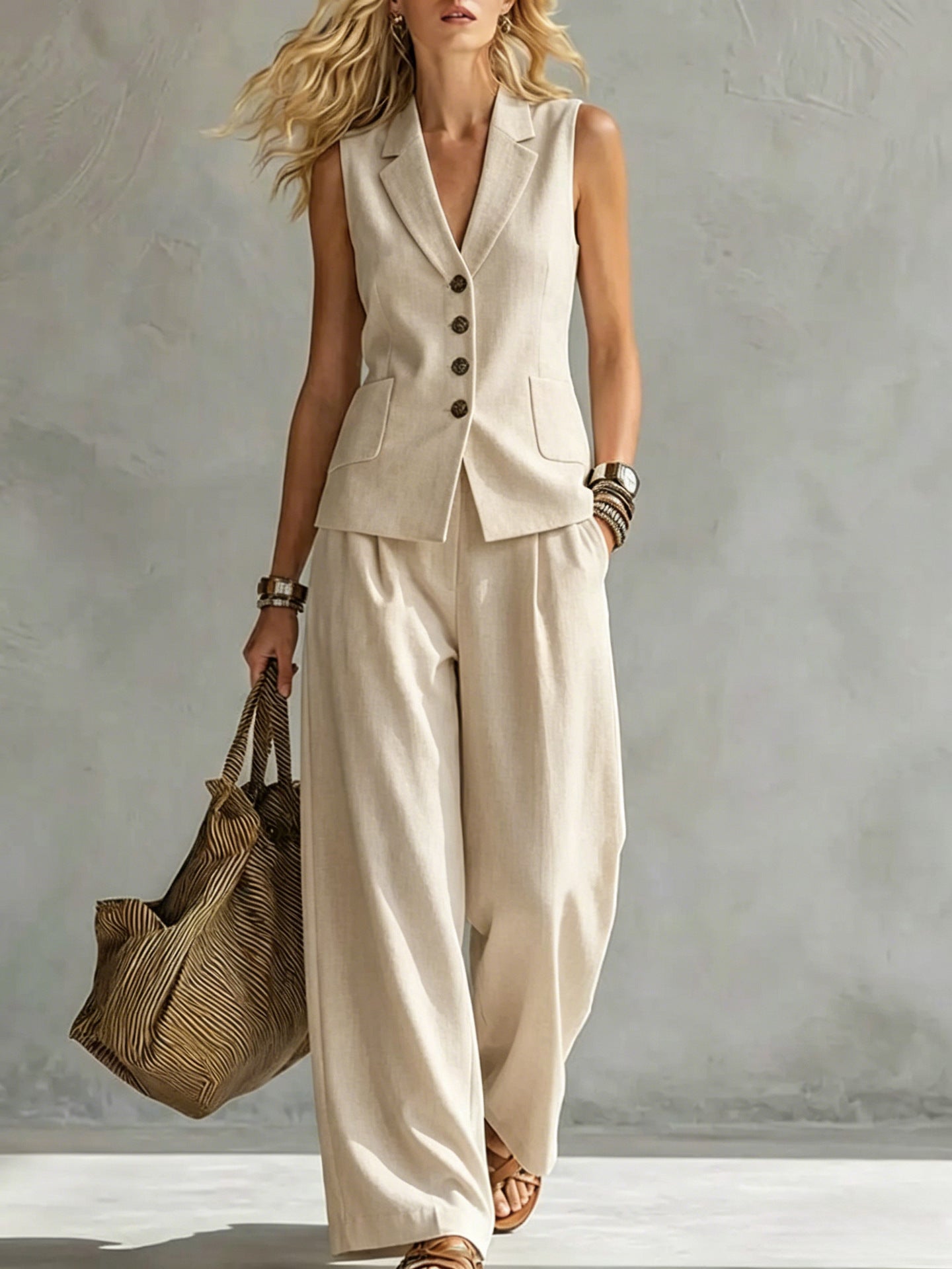 Womens Solid-Colored Sleeveless Casual Linen Tank Top And Pants Set 