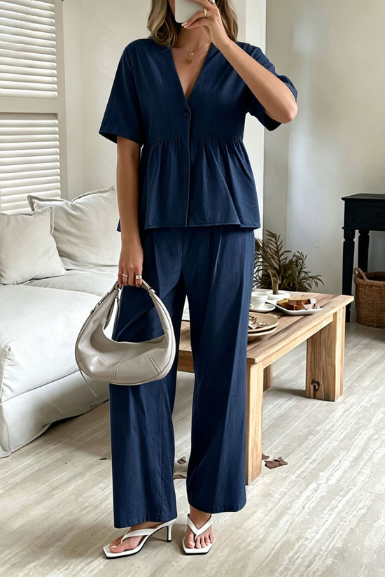 V-neck Loose-fit Short-sleeve Top And Wide-leg Pants Two-piece Set 