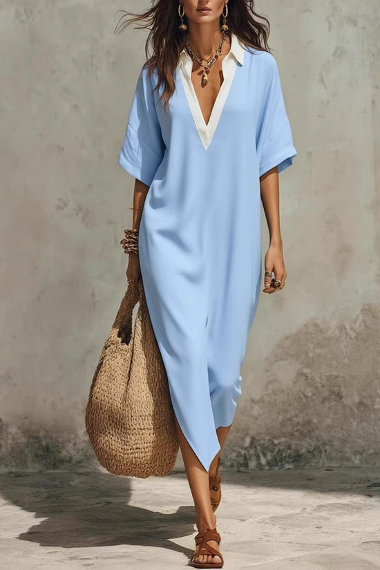 Cross-Border Casual Lazy-Style V-Neck Loose Cropped-Sleeve Dress Linen Texture Relaxed Vacation-Ready 