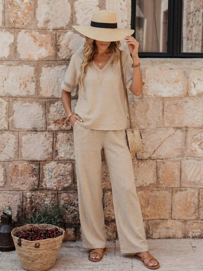 Fashionable V-neck Embroidered Top With Casual Wide-leg Pants Elegant Womens Set 