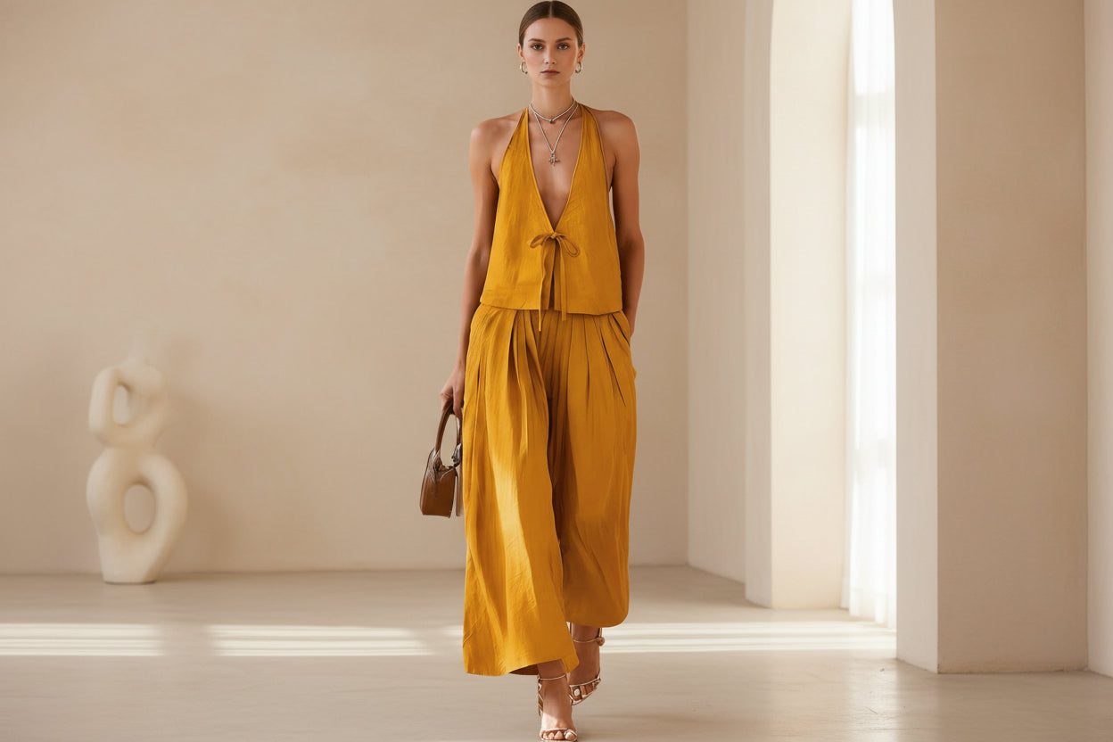 Fashionable Casual Sleeveless Vest And Loose Wide-Leg Pants Womens Set 