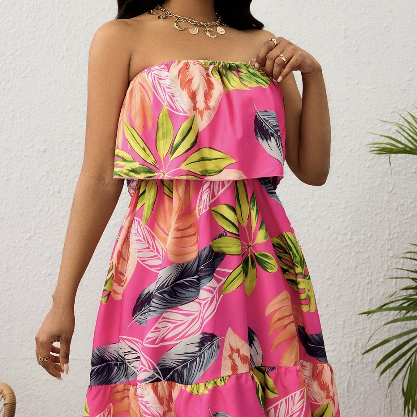 Tropical Strapless Off-Shoulder Vacation Dress CJ US