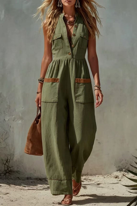 Womens Sleeveless Casual Loose Cotton-Linen Wide-Leg Jumpsuit 