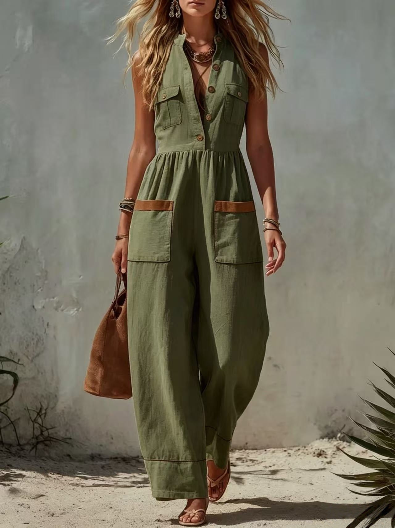 Womens Sleeveless Casual Loose Cotton-Linen Wide-Leg Jumpsuit 