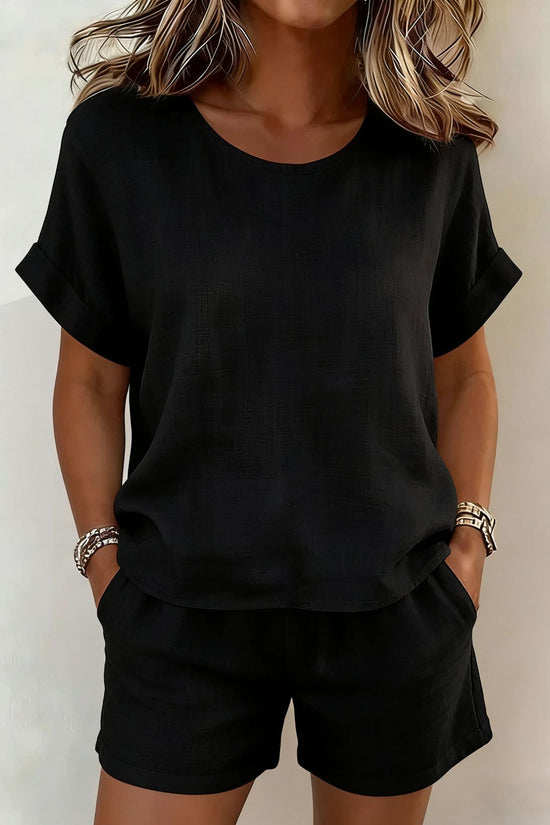 Solid-color Casual Round-neck Short-sleeve Shorts Two-piece Set 