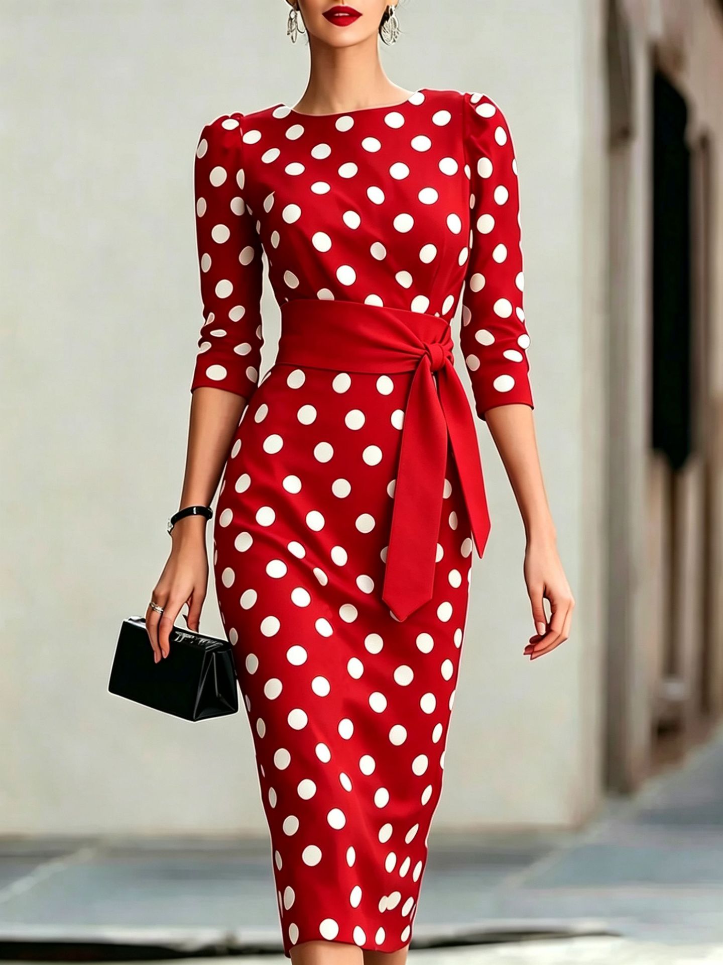 Retro Polka-dot Navy Blue Belted Waist-hugging Elegant Dress 
